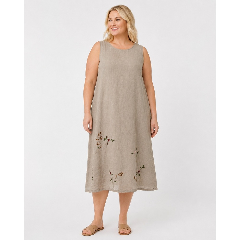 Christopher & Banks Linen Dress Womens 14 Beige Floral Embroidered Sleeveless